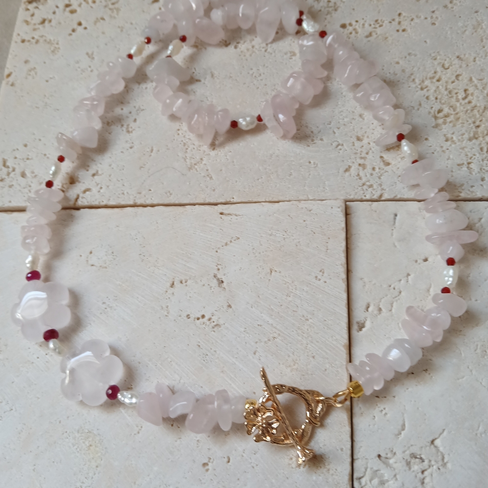Rose Quartz and Pearl Toggle Necklace - Elegant Pink Gemstone Necklace